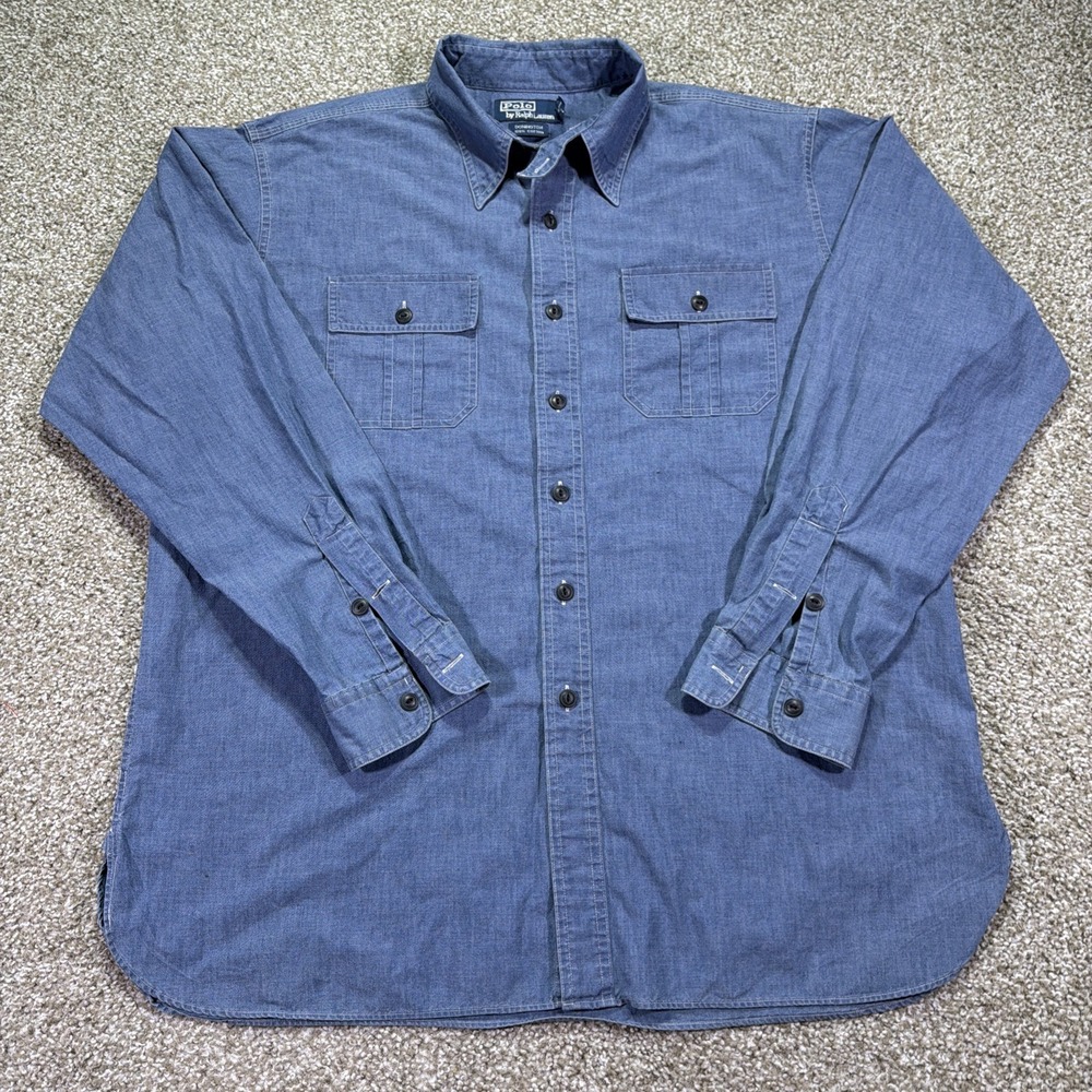 Vintage Polo Ralph Lauren Chin Strap Donington Button Up Sz L 90s Blue Chambray
